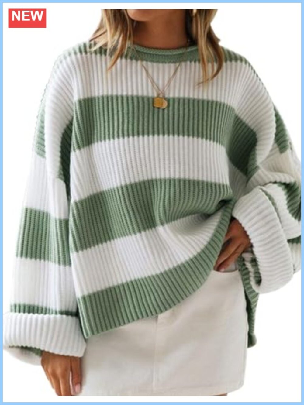 Oversized Striped Knit Pullover Sweater Long Flared Sleeve Acrylic
